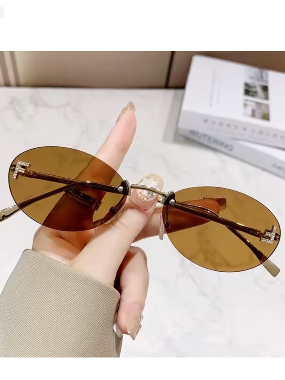 Brown Rimless Oval Sunglasses for Women